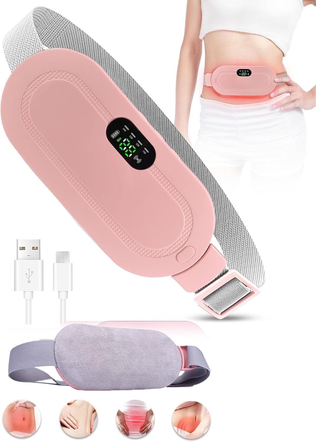 Period cramp heating pad massager with charging cable and packaging