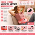 Period cramp massager with heating pad shown on abdomen for menstrual pain relief