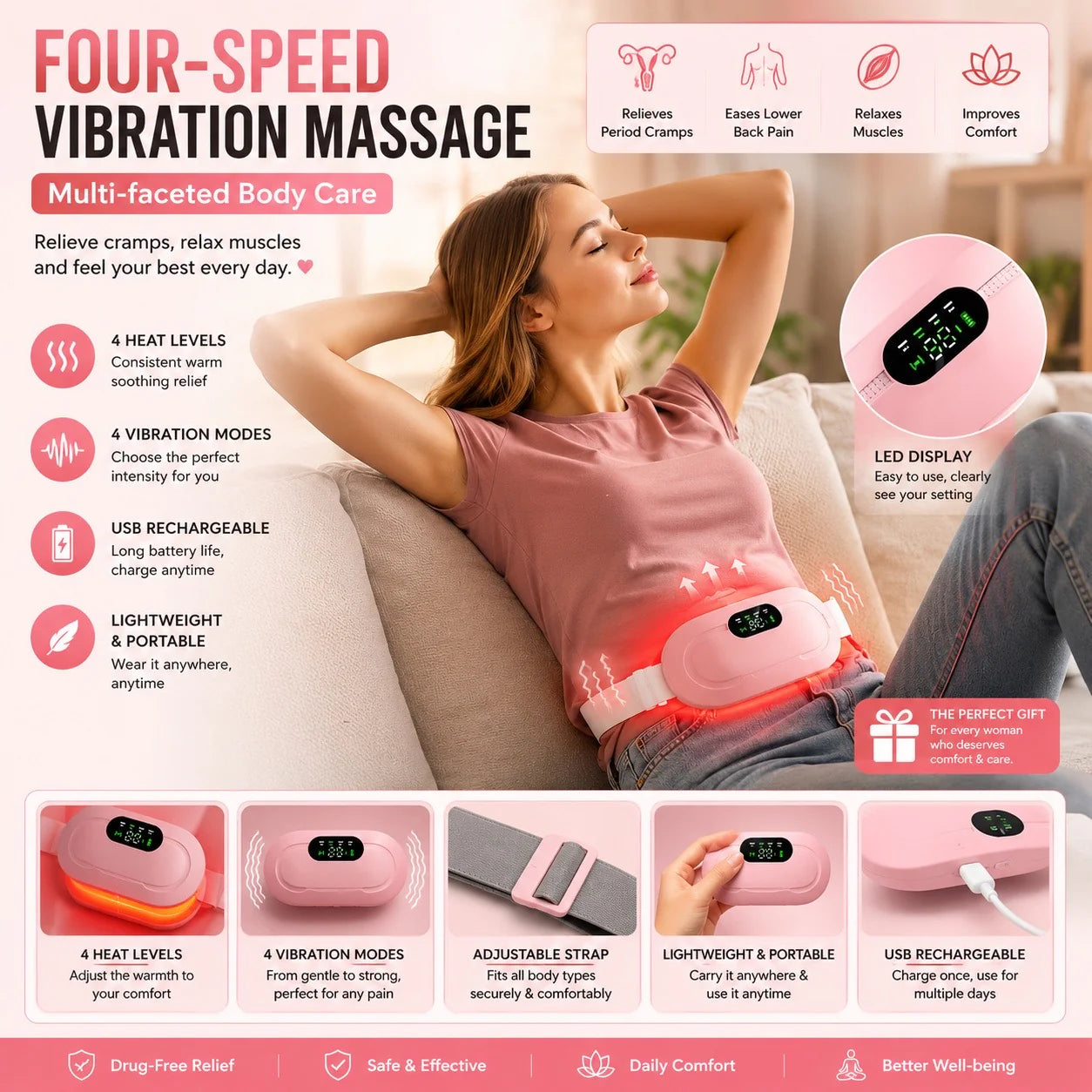 Period cramp massager with heating pad shown on abdomen for menstrual pain relief