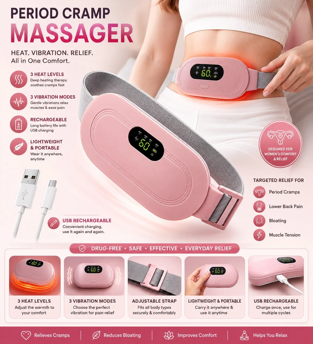 Period cramp massager wrapped around thigh for muscle relief